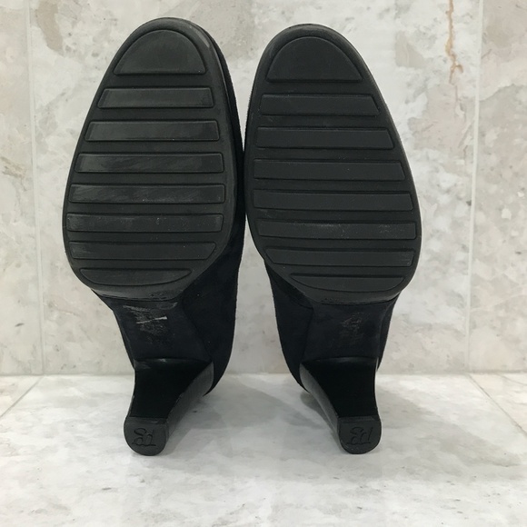 PAUL GREEN {6} Navy Blue Suede Pump Round Toe Black Wood Block Heel Rubber Sole - Picture 6 of 10